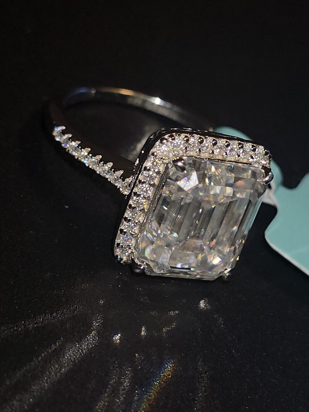 11.97 CTW Emerald Cut Moissanite S925 Silver Ring.